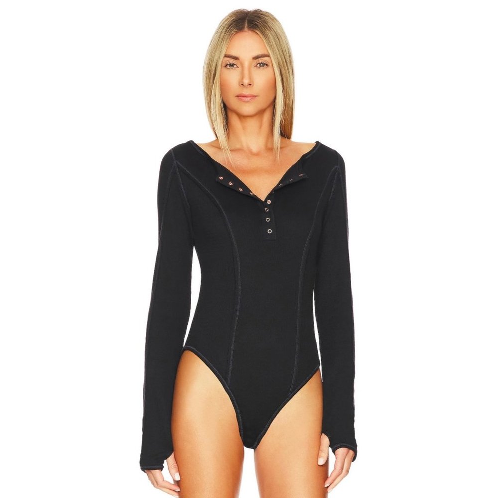 Free People Black Sloane Bodysuit Long Sleeve Size Large